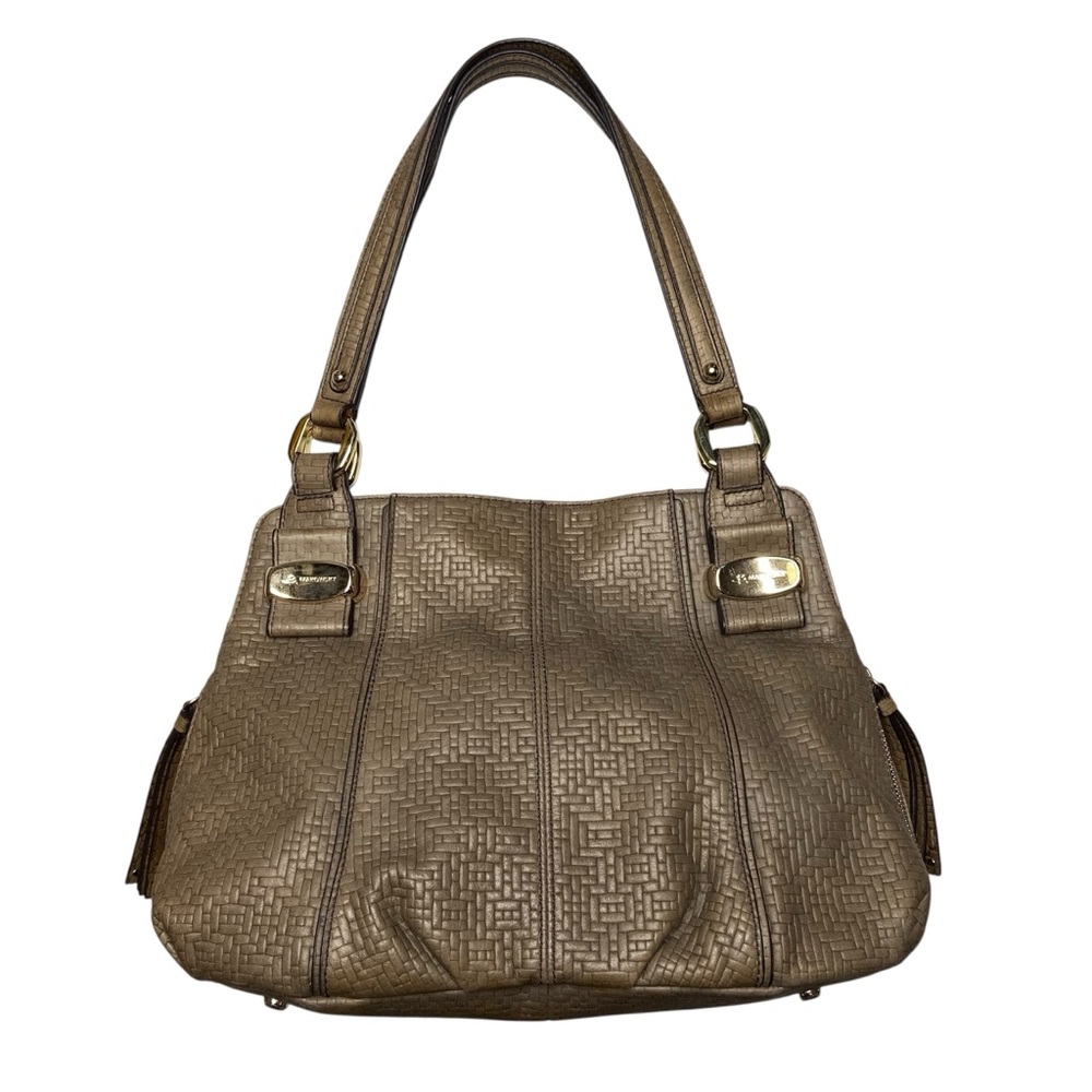 B MAKOWSKY Woven Pattern Leather Handbag Slouch Hobo Bag Taupe 2 Handles